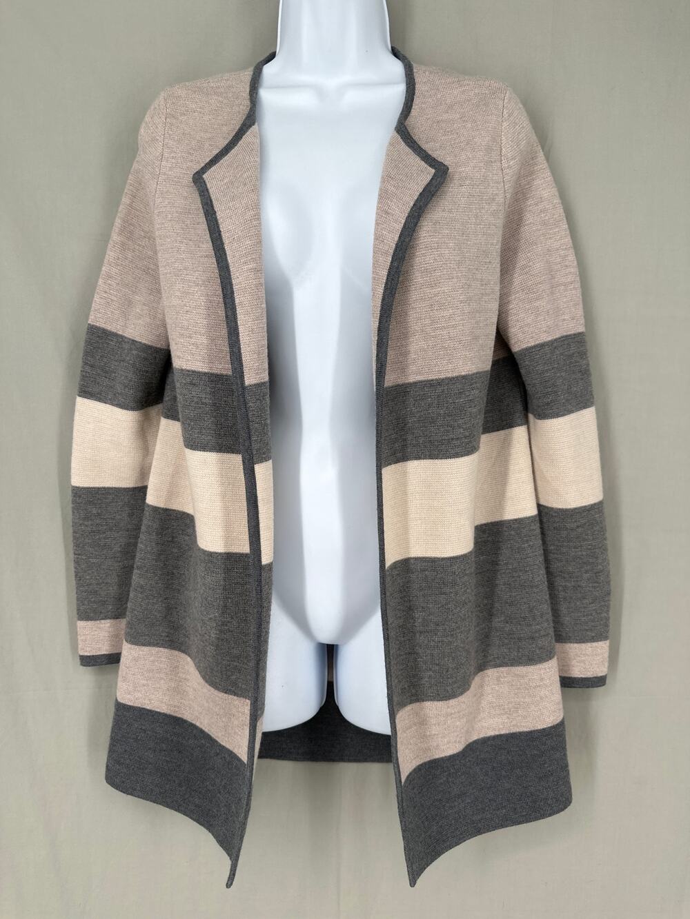 Talbots Cardigan Sweater Womens Small Beige Gray Striped Pure Merino Wool Cozy